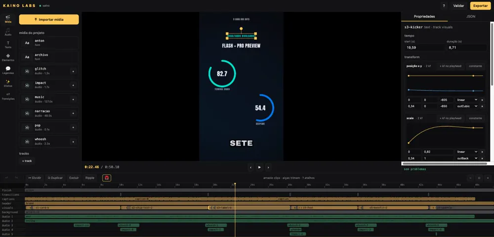 O editor do Kaino no browser: à esquerda a mídia do projeto, no centro o preview do vídeo vertical no instante 0:22.46, à direita o painel de propriedades do clipe selecionado com start, duração e as curvas de keyframe de posição e escala, e embaixo a timeline com as trilhas de vídeo, legendas e áudio.